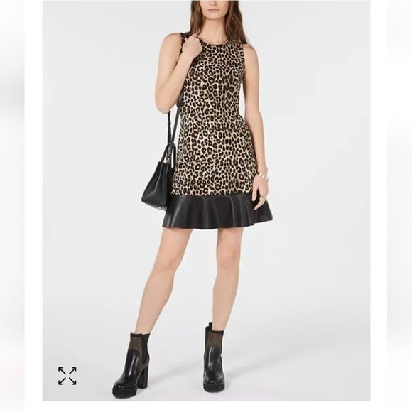 Michael Kors Leopard Print contrast trim Dress Nwt x Small - Picture 1 of 10